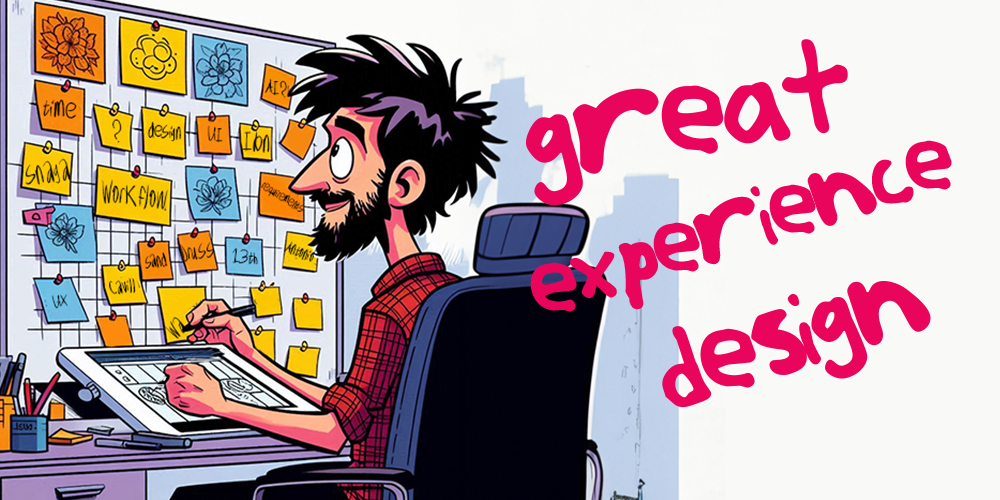 cartoon of jamie at a whiteboard designing with the caption 'great experience design'