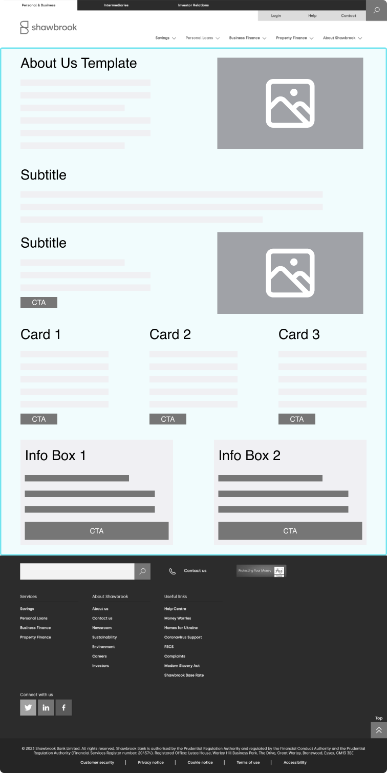Wireframe of an 'about us' page that is a block template