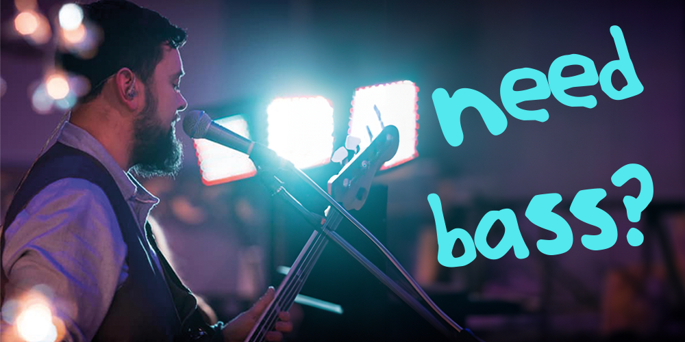 Jamie Ambler playing bass with the caption 'need bass?'